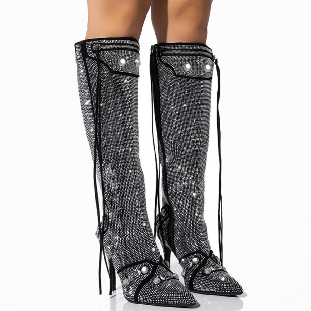 Sparkly Rhinestone Black and Silver Knee-High Boots